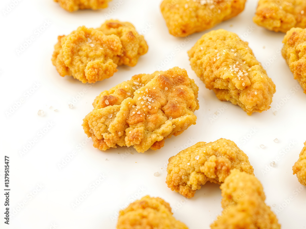 Golden crispy fried chicken bites on white background, ideal for fast food and restaurant promotions. Generative AI Golden crispy fried chicken bites on white background, ideal for fast food and restaurant promotions. Generative AI