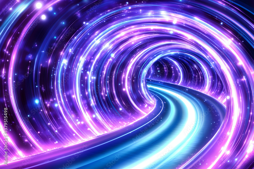 Glowing purple and blue swirling tunnel with light trails Glowing purple and blue swirling tunnel with light trails