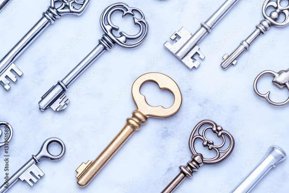 Gold key among silver keys on a marble surface