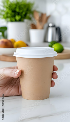 Wallpaper Mural Hand holding a disposable coffee cup on a kitchen counter Torontodigital.ca