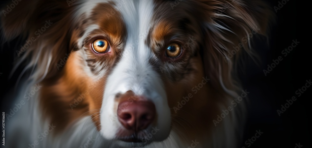 A close-up of a dog's face, highlighting its distinctive fur and golden eyes, set against a black background, creating a striking contrast. A close-up of a dog's face, highlighting its distinctive fur and golden eyes, set against a black background, creating a striking contrast.