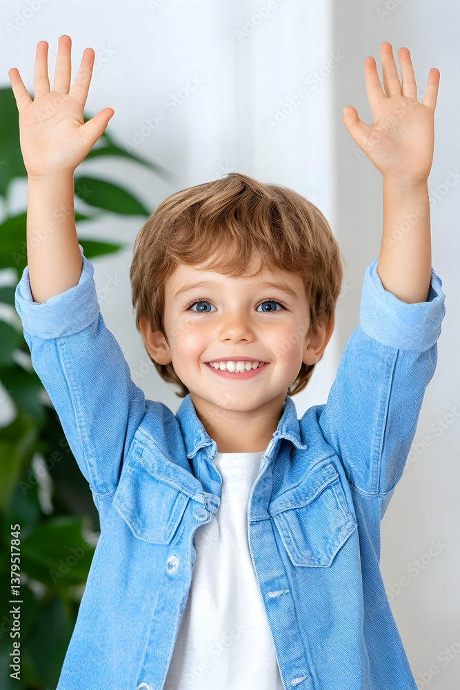 Happy toddler boy with arms raised, smiling brightly Happy toddler boy with arms raised, smiling brightly
