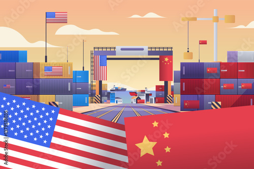 Trade war concept illustration depicting a port with shipping containers cranes and flags of two countries symbolizing economic conflict colorful background