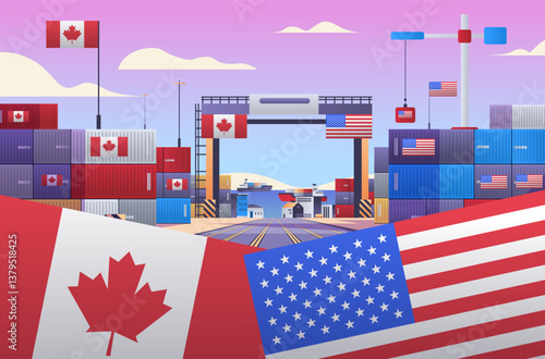 Canada USA trade war concept shipping containers cranes flags port scene pink sky