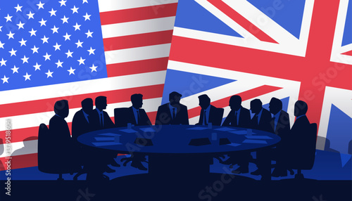 Silhouetted business meeting with US UK flags background international trade negotiation concept round table discussion blue red theme