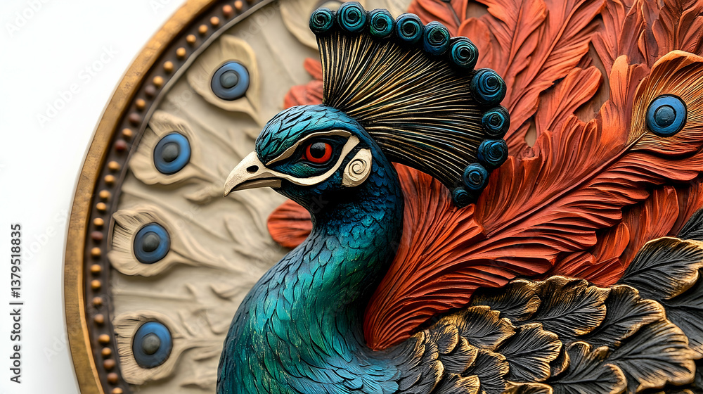 Fototapeta premium A detailed depiction of a beautifully crafted peacock sculpture or relief