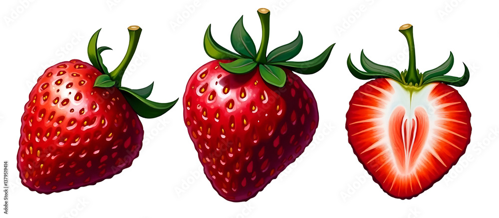 Three strawberries displayed: whole, cut in half, and showing the heart shape inside. with clipping path,isolated, absolutely white background background