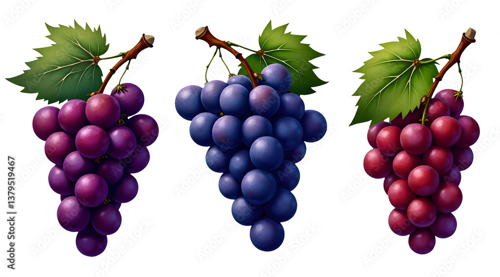 Three clusters of colorful grapes with green leaves, showcasing purple, blue, and red varieties. with clipping path,isolated, absolutely white background background