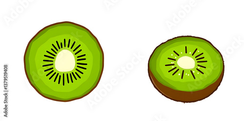 Obraz na płótnie Sliced kiwi fruit halves showcasing vibrant green flesh and brown skin. with clipping path,isolated, absolutely white background background w salonie