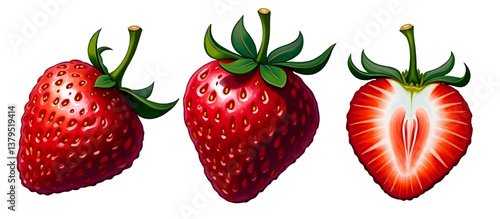 Obraz na płótnie Three strawberries displayed: whole, cut in half, and showing the heart shape inside. with clipping path,isolated, absolutely white background background w salonie