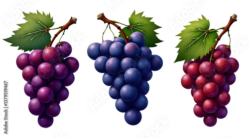 Obraz na płótnie Three clusters of colorful grapes with green leaves, showcasing purple, blue, and red varieties. with clipping path,isolated, absolutely white background background w salonie
