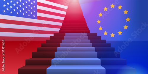 US EU trade war concept illustration showing a staircase merging flags of the USA and EU symbolizing economic conflict blue red gradient background