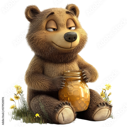 Teddy Bear Sitting Next to Honey Jar Isolated on Transparent Background