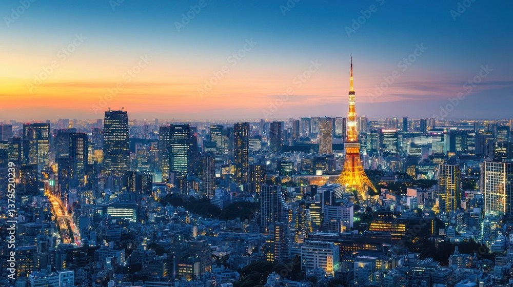 Fototapeta premium Tokyo cityscape sunset aerial view, illuminated tower, city skyline, travel