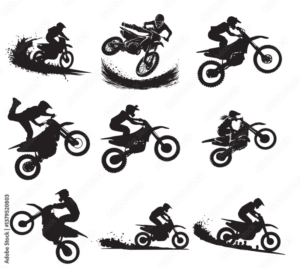 Naklejka premium set silhouette of motorcycle rider performing trick on white background, Hand drawn motorcycle silhouette Set, Freestyle rider motocross set logo designs