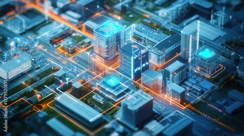 Aerial View of Modern City with Digital Connections and Technology