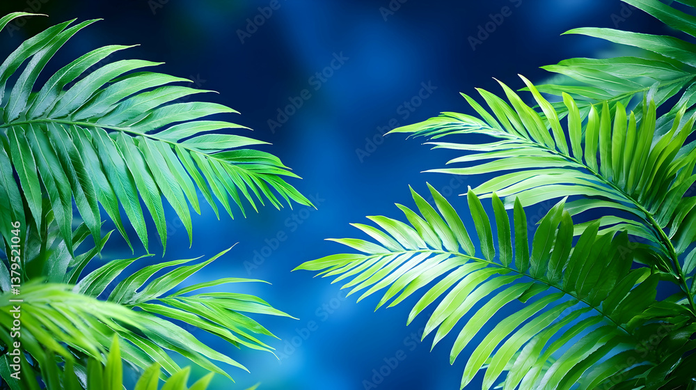 Lush green palm fronds against a vibrant blue backdrop Lush green palm fronds against a vibrant blue backdrop