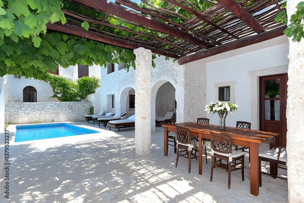 Obraz premium Mediterranean villa patio with pool, dining table, and pergola