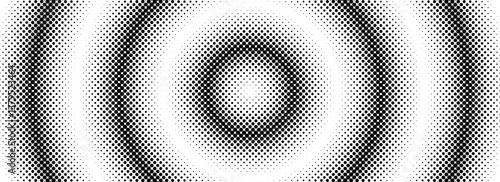 Halftone circle background. Radial comic target texture. Black and white dotted circular gradient. Fading rough dot epicenter wallpaper concept. Vector grunge round pop art gradation backdrop