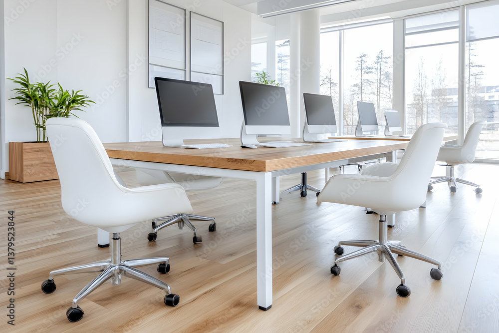 Fototapeta premium Modern office with light wood table, white chairs, and computers by large windows