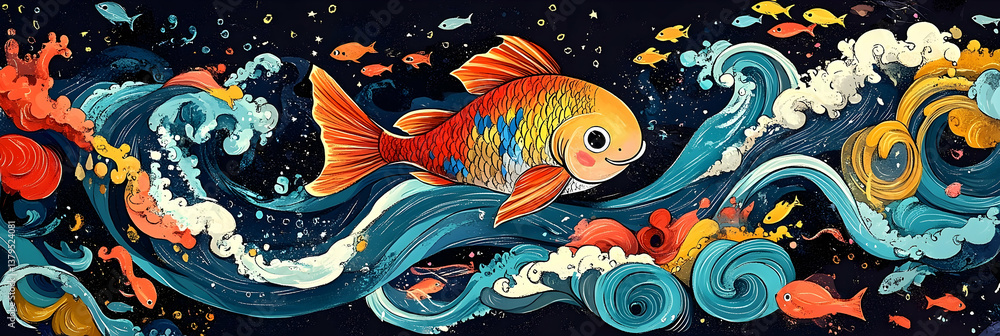 A colorful illustration depicts a cheerful fish swimming in the ocean waves A colorful illustration depicts a cheerful fish swimming in the ocean waves