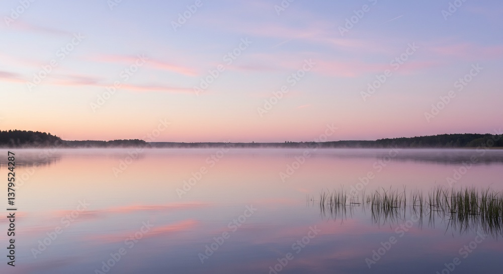 Fototapeta premium 静かな湖面、淡いピンクの朝焼けが美しく反射する