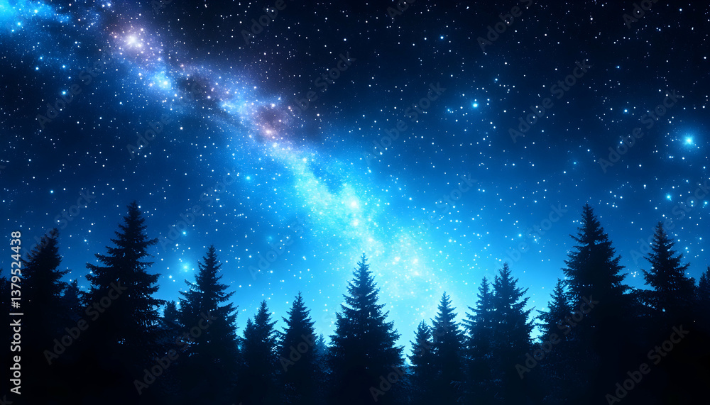 Naklejka premium Night sky, Milky Way galaxy over silhouetted pine forest