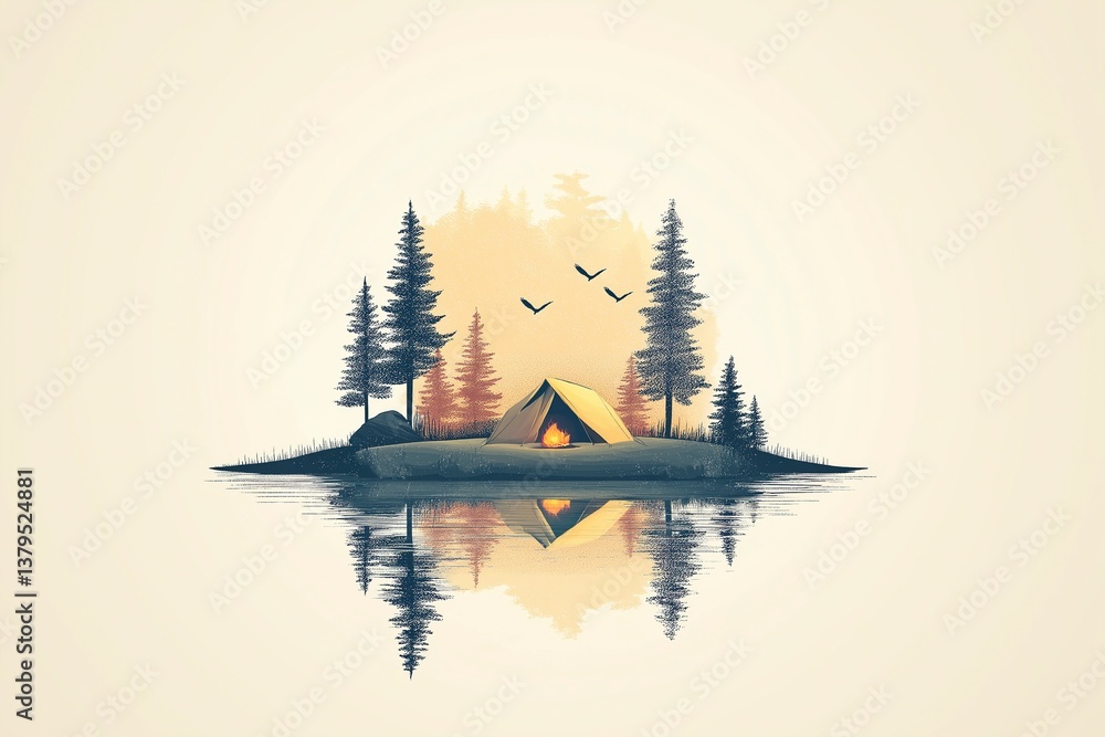 Scenic camping spot on peaceful island with tent, pine trees, and birds at sunset
