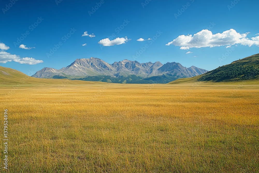 A vast open field stretches beneath stunning mountain peaks A vast open field stretches beneath stunning mountain peaks