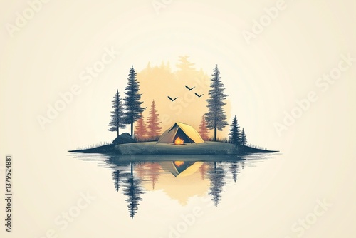 Obraz na płótnie Scenic camping spot on peaceful island with tent, pine trees, and birds at sunset w salonie