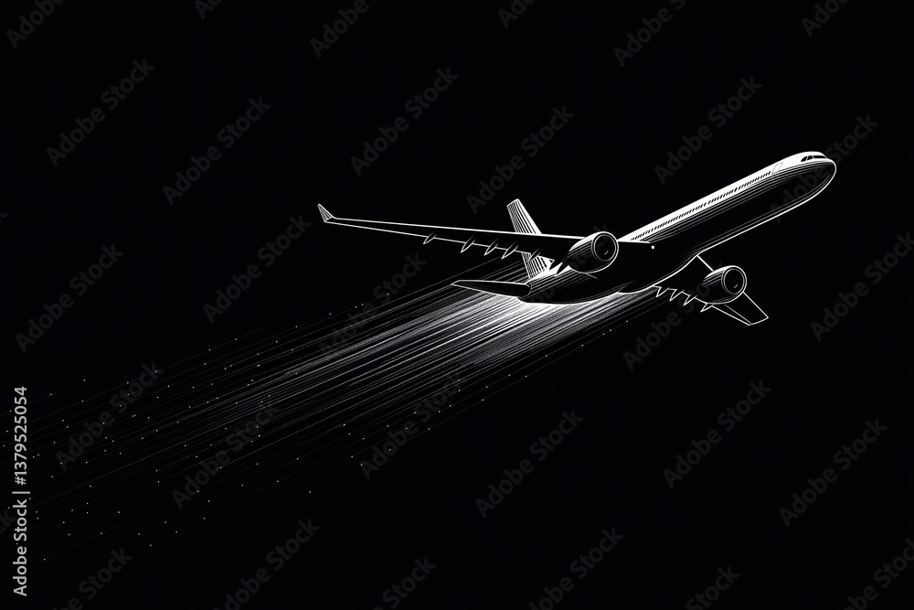 Silhouette of airplane soaring against night sky in minimalist artwork