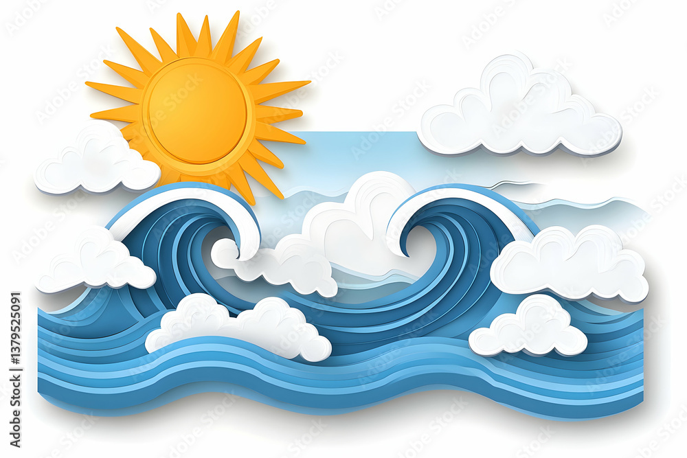 Paper art ocean scene with sun, waves, and clouds Paper art ocean scene with sun, waves, and clouds