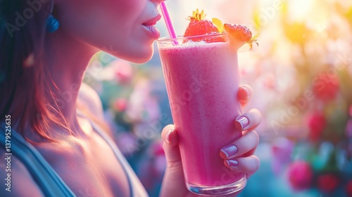 Obraz na płótnie Caucasian female enjoying strawberry smoothie in sunlit garden w salonie