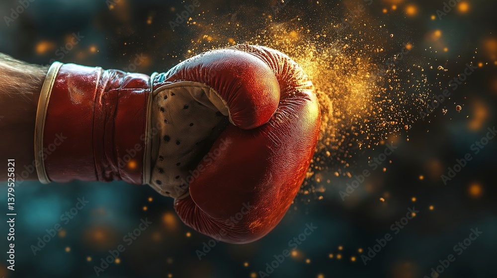 Close-up of red boxing glove striking with explosive energy and dramatic sparks