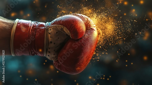 Obraz na płótnie Close-up of red boxing glove striking with explosive energy and dramatic sparks w salonie