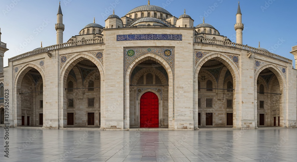 Obraz premium 輝く白いモスク、対称的な構図、朝の光が美しく照らす