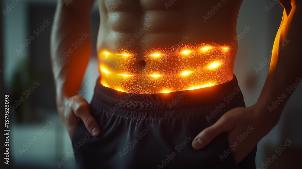 Young male fitness abdomen with glowing muscles highlighted in gym setting