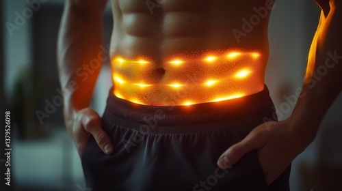 Obraz na płótnie Young male fitness abdomen with glowing muscles highlighted in gym setting w salonie