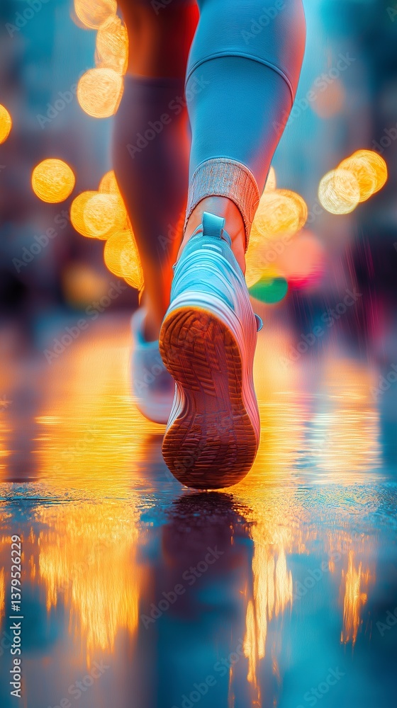 Female runner in colorful sneakers jogging on wet city street at night