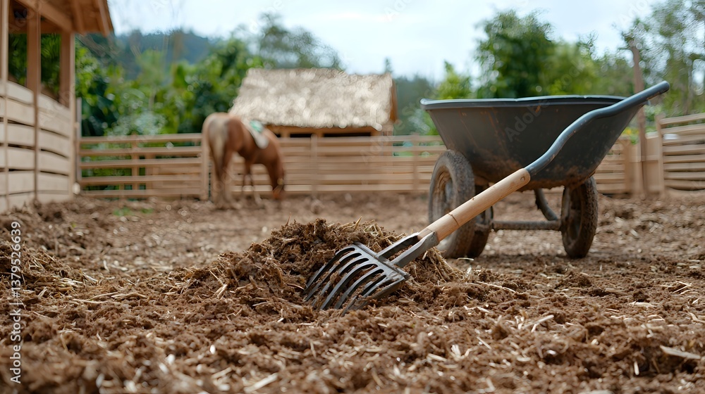 A close up view of a manure fork and wheelbarrow on a dirt ground surrounded by a wooden fence and a horse stable in a traditional agricultural setting A close up view of a manure fork and wheelbarrow on a dirt ground surrounded by a wooden fence and a horse stable in a traditional agricultural setting