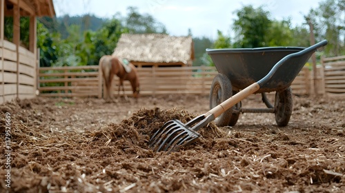 A close up view of a manure fork and wheelbarrow on a dirt ground surrounded by a wooden fence and a horse stable in a traditional agricultural setting