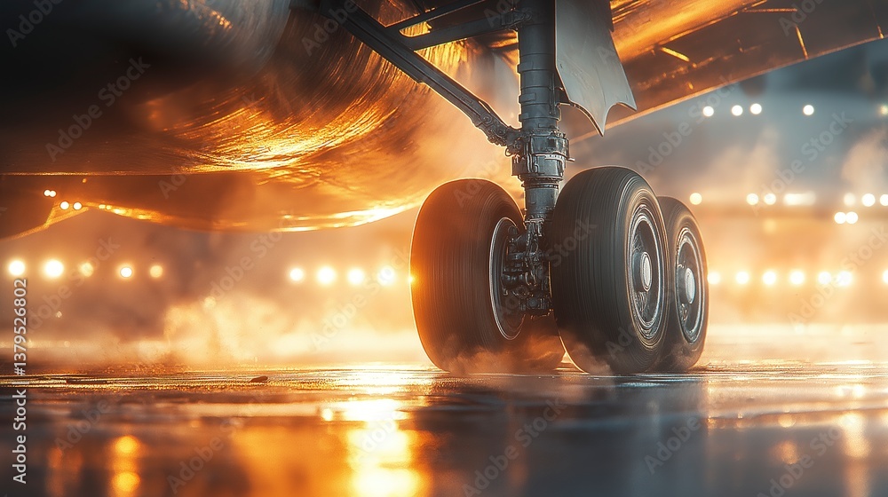 Illuminated airplane wheels on wet runway at night with dramatic lighting
