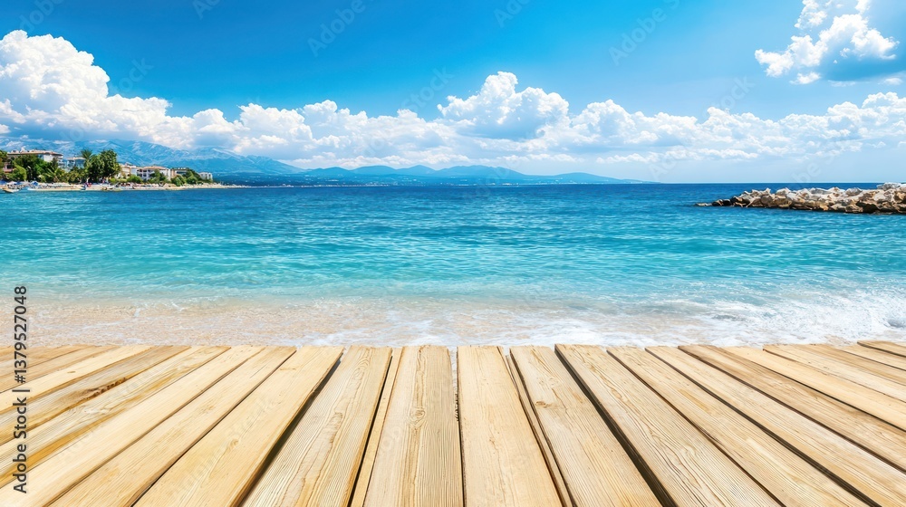 Fototapeta premium Sunny beach boardwalk, turquoise ocean, coastal town background; summer vacation travel