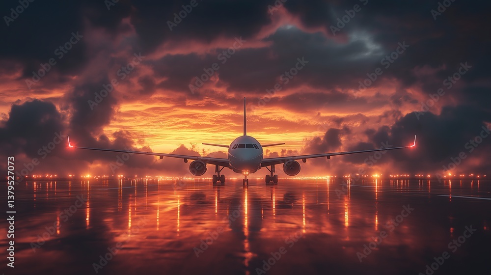 Passenger airplane on wet runway at sunset surrounded by dramatic clouds