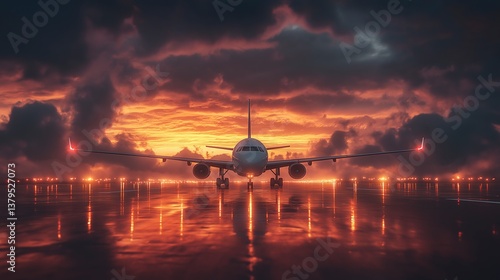 Obraz na płótnie Passenger airplane on wet runway at sunset surrounded by dramatic clouds w salonie
