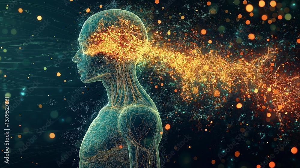 Futuristic artificial intelligence concept with glowing neural networks and human silhouette