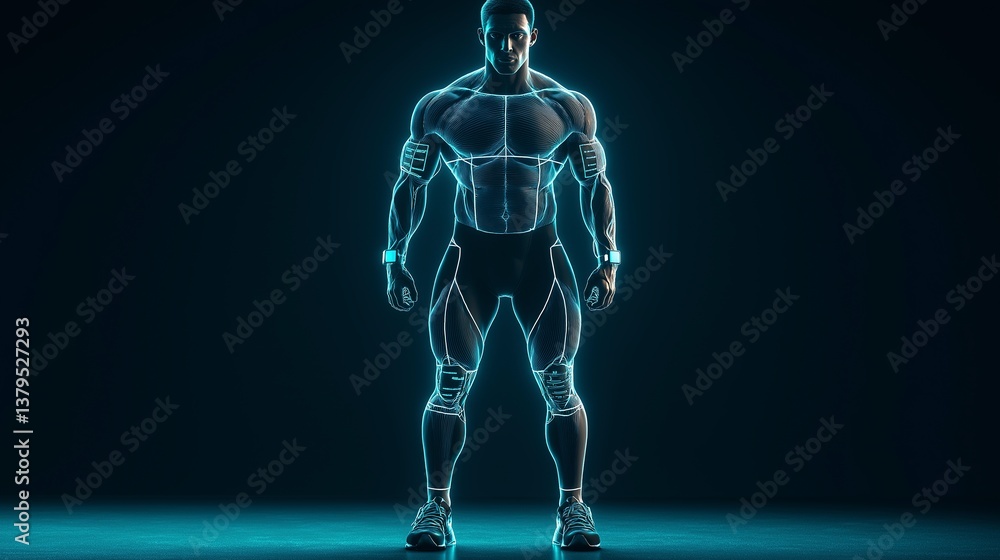 Futuristic asian male cyborg in neon blue glow against dark background displaying muscular build