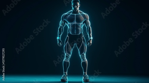 Obraz na płótnie Futuristic asian male cyborg in neon blue glow against dark background displaying muscular build w salonie