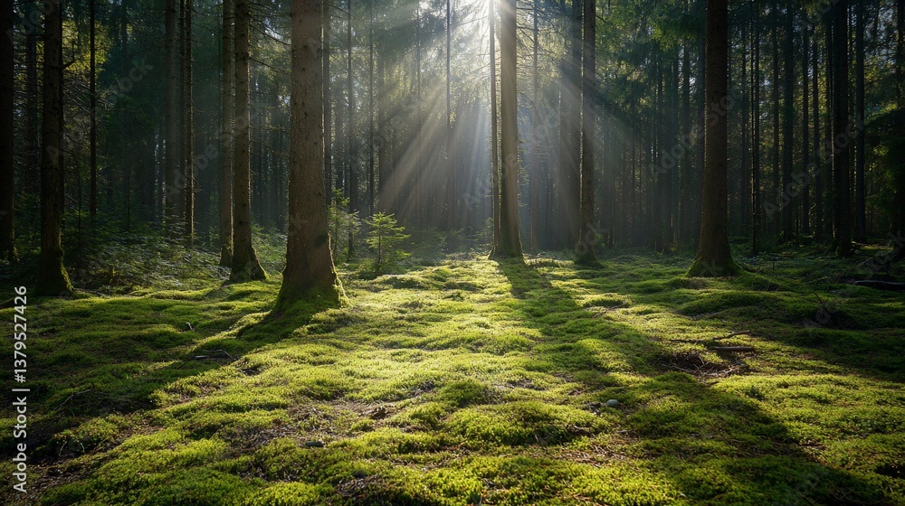 Obraz premium Sunlight filtering through trees in a serene and mossy forest glade