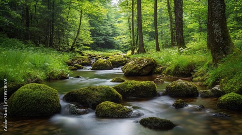 Enchanting stream meandering through a vibrant green forest landscape